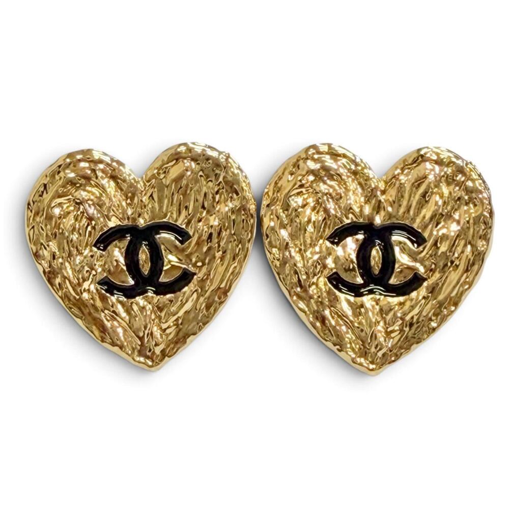 CHANEL B24 Coco Mark Heart Earrings, Gold and Black, Made in Italy, Women's, ...
